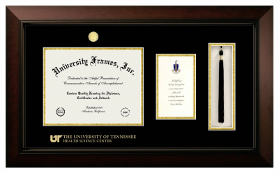 University of Tennessee Health Science Center Diploma with Announcement & Tassel Box Frame in Legacy Black Cherry with Black & Gold Mats for document: 8 1/2"h x 11"w  , diploma: 7"h x 4"w  