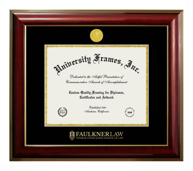 Faulkner Law Thomas Goode Jones School of Law Diploma Frame in Classic Mahogany with Gold Trim with Black & Gold Mats for document: 8 1/2"h x 11"w  