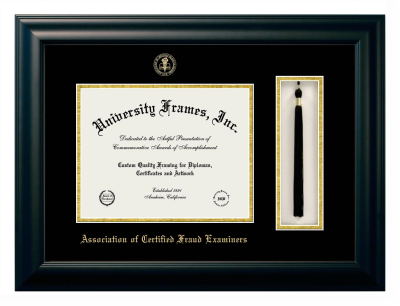 Association of Certified Fraud Examiners Diploma with Tassel Box Frame in Satin Black with Black & Gold Mats for document: 8 1/2"h x 11"w  