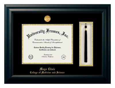 Mayo Clinic College of Medicine and Science Diploma with Tassel Box Frame in Satin Black with Black & Gold Mats for document: 8 1/2"h x 11"w  