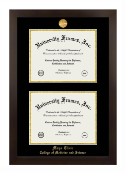 Mayo Clinic College of Medicine and Science Double Diploma Frame in Manhattan Espresso with Black & Gold Mats for document: 8 1/2"h x 11"w  , document: 8 1/2"h x 11"w  