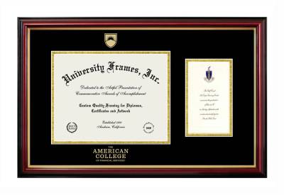 The American College of Financial Services Diploma with Announcement Frame in Petite Mahogany with Gold Trim with Black & Gold Mats for document: 8 1/2"h x 11"w  , diploma: 7"h x 4"w  