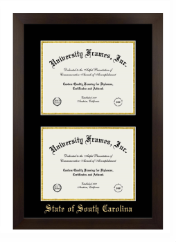 State of South Carolina Double Diploma Frame in Manhattan Espresso with Black & Gold Mats for document: 8 1/2"h x 11"w  , document: 8 1/2"h x 11"w  