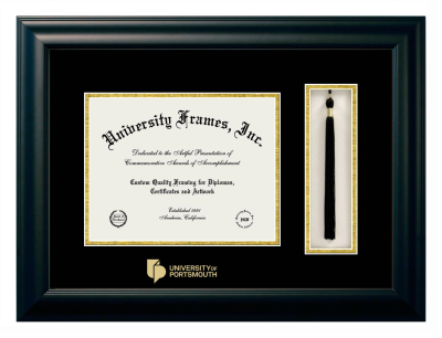 University of Portsmouth Diploma with Tassel Box Frame in Satin Black with Black & Gold Mats for document: 8 1/2"h x 11"w  