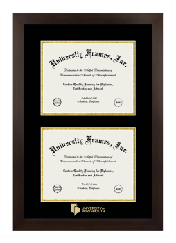 University of Portsmouth Double Diploma Frame in Manhattan Espresso with Black & Gold Mats for document: 8 1/2"h x 11"w  , document: 8 1/2"h x 11"w  