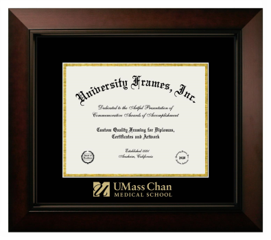 UMass Chan Medical School Wordmark Diploma Frame in Legacy Black Cherry with Black & Gold Mats for document: 8 1/2"h x 11"w  