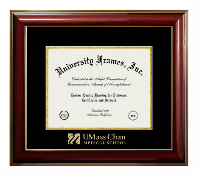 UMass Chan Medical School Wordmark Diploma Frame in Classic Mahogany with Gold Trim with Black & Gold Mats for document: 8 1/2"h x 11"w  