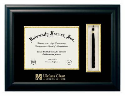 UMass Chan Medical School Wordmark Diploma with Tassel Box Frame in Satin Black with Black & Gold Mats for document: 8 1/2"h x 11"w  