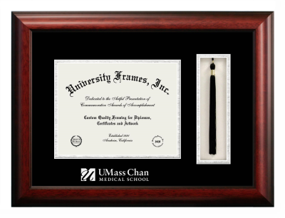 UMass Chan Medical School Wordmark Diploma with Tassel Box Frame in Satin Mahogany with Black & Silver Mats for document: 8 1/2"h x 11"w  