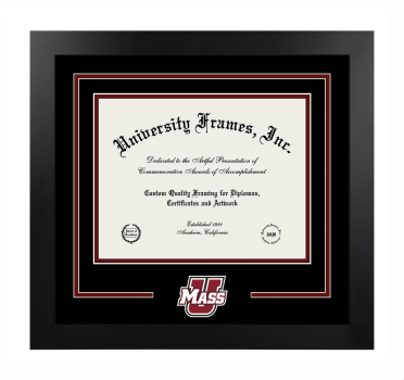 UMass Chan Medical School Wordmark Logo Mat Frame in Manhattan Black with Black & Maroon Mats for document: 8 1/2"h x 11"w  