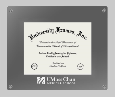 UMass Chan Medical School Wordmark Lucent Clear-over-Smoke Frame in Lucent Smoke Moulding with Lucent Smoke Mat for document: 8 1/2"h x 11"w  