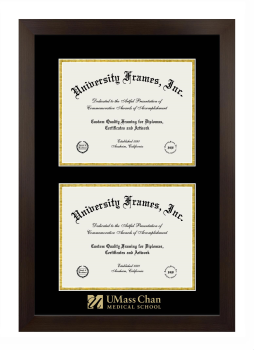 UMass Chan Medical School Wordmark Double Diploma Frame in Manhattan Espresso with Black & Gold Mats for document: 8 1/2"h x 11"w  , document: 8 1/2"h x 11"w  