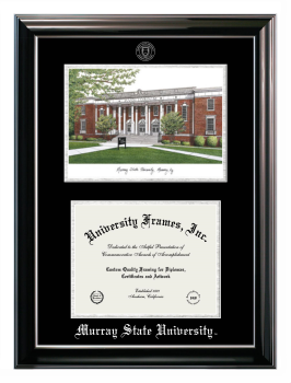 Murray State University Double Opening with Campus Image (Stacked) Frame in Classic Ebony with Silver Trim with Black & Silver Mats for document: 8 1/2"h x 11"w  