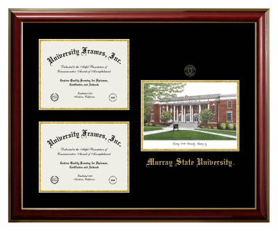 Murray State University Triple Opening with Campus Image Frame in Classic Mahogany with Gold Trim with Black & Gold Mats for document: 8 1/2"h x 11"w  , document: 8 1/2"h x 11"w  
