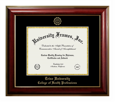 Trine University College of Health Professions Diploma Frame in Classic Mahogany with Gold Trim with Black & Gold Mats for document: 8 1/2"h x 11"w  