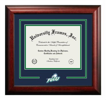 Florida Gulf Coast University Logo Mat Frame in Satin Mahogany with Navy Blue & Kelly Green Mats for document: 8 1/2"h x 11"w  