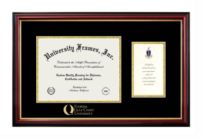 Florida Gulf Coast University Diploma with Announcement Frame in Petite Mahogany with Gold Trim with Black & Gold Mats for document: 8 1/2"h x 11"w  , diploma: 7"h x 4"w  