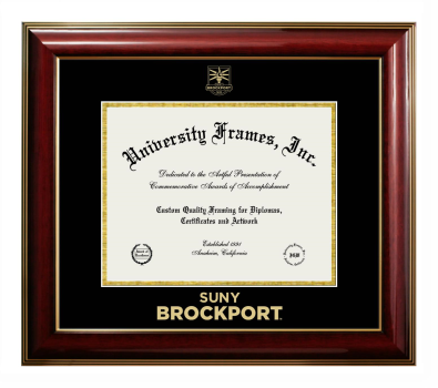 SUNY Brockport Diploma Frame in Classic Mahogany with Gold Trim with Black & Gold Mats for document: 8 1/2"h x 11"w  