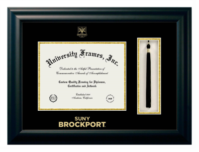 SUNY Brockport Diploma with Tassel Box Frame in Satin Black with Black & Gold Mats for document: 8 1/2"h x 11"w  