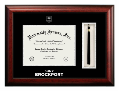 SUNY Brockport Diploma with Tassel Box Frame in Satin Mahogany with Black & Silver Mats for document: 8 1/2"h x 11"w  