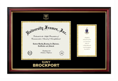 SUNY Brockport Diploma with Announcement Frame in Petite Mahogany with Gold Trim with Black & Gold Mats for document: 8 1/2"h x 11"w  , diploma: 7"h x 4"w  