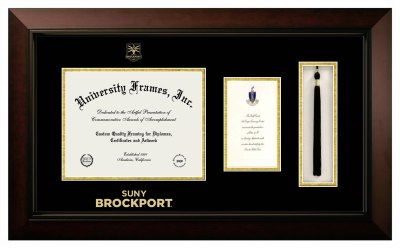 SUNY Brockport Diploma with Announcement & Tassel Box Frame in Legacy Black Cherry with Black & Gold Mats for document: 8 1/2"h x 11"w  , diploma: 7"h x 4"w  