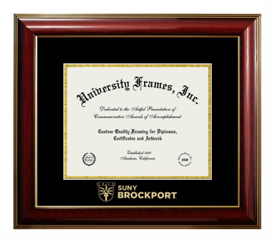 SUNY Brockport Wordmark Diploma Frame in Classic Mahogany with Gold Trim with Black & Gold Mats for document: 8 1/2"h x 11"w  