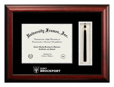 SUNY Brockport Wordmark Diploma with Tassel Box Frame in Satin Mahogany with Black & Silver Mats for document: 8 1/2"h x 11"w  