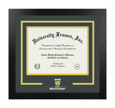 SUNY Brockport Wordmark Logo Mat Frame in Manhattan Black with Forest Green & Amber Mats for document: 8 1/2"h x 11"w  