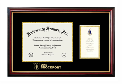 SUNY Brockport Wordmark Diploma with Announcement Frame in Petite Mahogany with Gold Trim with Black & Gold Mats for document: 8 1/2"h x 11"w  , diploma: 7"h x 4"w  