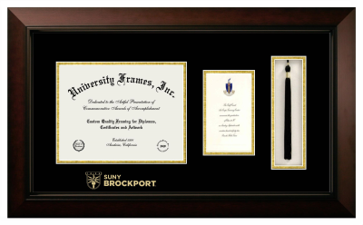 SUNY Brockport Wordmark Diploma with Announcement & Tassel Box Frame in Legacy Black Cherry with Black & Gold Mats for document: 8 1/2"h x 11"w  , diploma: 7"h x 4"w  