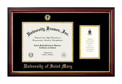 University of Saint Mary Diploma with Announcement Frame in Petite Mahogany with Gold Trim with Black & Gold Mats for document: 8 1/2"h x 11"w  , diploma: 7"h x 4"w  
