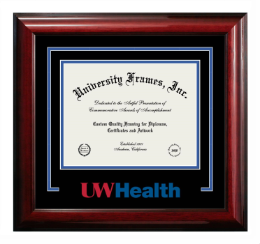 Swedish American Hospital | UW Health Logo Mat Frame in Classic Mahogany with Black & Royal Blue Mats for document: 8 1/2"h x 11"w  