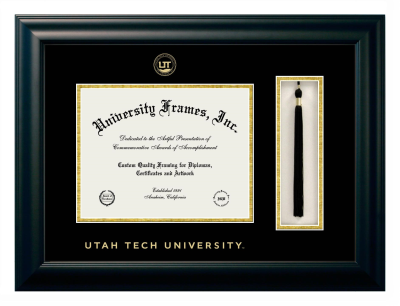 Utah Tech University Diploma with Tassel Box Frame in Satin Black with Black & Gold Mats for document: 8 1/2"h x 11"w  