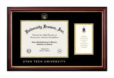 Utah Tech University Diploma with Announcement Frame in Petite Mahogany with Gold Trim with Black & Gold Mats for document: 8 1/2"h x 11"w  , diploma: 7"h x 4"w  