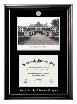 University of Texas at Arlington Double Opening with Campus Image (Stacked) Frame in Classic Ebony with Silver Trim with Black & Silver Mats for document: 8 1/2"h x 11"w  