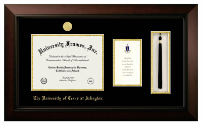 University of Texas at Arlington Diploma with Announcement & Tassel Box Frame in Legacy Black Cherry with Black & Gold Mats for document: 8 1/2"h x 11"w  , diploma: 7"h x 4"w  