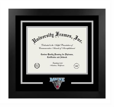 University of Maine Logo Mat Frame in Manhattan Black with Black & Gray Mats for document: 8 1/2"h x 11"w  