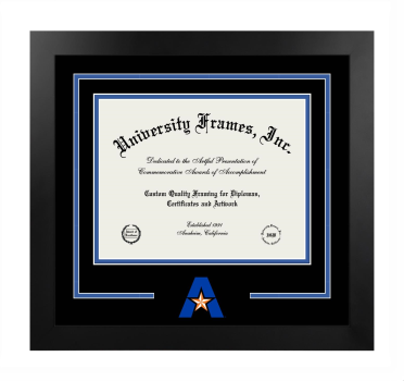 University of Texas at Arlington College of Engineering Logo Mat Frame in Manhattan Black with Black & Royal Blue Mats for document: 8 1/2"h x 11"w  
