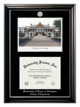 University of Texas at Arlington College of Engineering Double Opening with Campus Image (Stacked) Frame in Classic Ebony with Silver Trim with Black & Silver Mats for document: 8 1/2"h x 11"w  