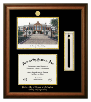 University of Texas at Arlington College of Engineering Double Opening with Campus Image & Tassel Box (Stacked) Frame in Satin Walnut with Black & Gold Mats for document: 8 1/2"h x 11"w  