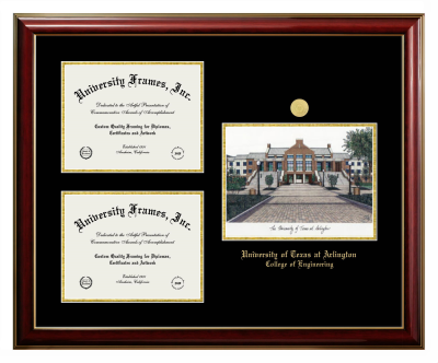 University of Texas at Arlington College of Engineering Triple Opening with Campus Image Frame in Classic Mahogany with Gold Trim with Black & Gold Mats for document: 8 1/2"h x 11"w  , document: 8 1/2"h x 11"w  