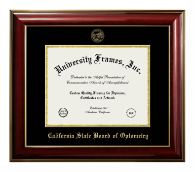 California State Board of Optometry Diploma Frame in Classic Mahogany with Gold Trim with Black & Gold Mats for document: 8 1/2"h x 11"w  