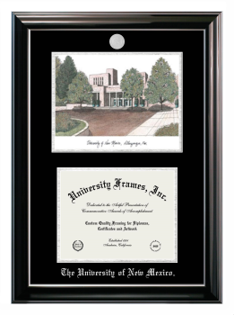 University of New Mexico Double Opening with Campus Image (Stacked) Frame in Classic Ebony with Silver Trim with Black & Silver Mats for document: 8 1/2"h x 11"w  