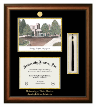 University of New Mexico Sports Medicine Fellowship Double Opening with Campus Image & Tassel Box (Stacked) Frame in Satin Walnut with Black & Gold Mats for document: 8 1/2"h x 11"w  