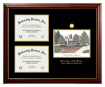 University of New Mexico Sports Medicine Fellowship Triple Opening with Campus Image Frame in Classic Mahogany with Gold Trim with Black & Gold Mats for document: 8 1/2"h x 11"w  , document: 8 1/2"h x 11"w  