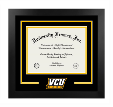 Virginia Commonwealth University College of Health Professions Logo Mat Frame in Manhattan Black with Black & Amber Mats for document: 8 1/2"h x 11"w  