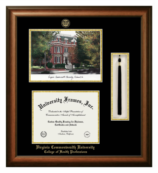 Virginia Commonwealth University College of Health Professions Double Opening with Campus Image & Tassel Box (Stacked) Frame in Satin Walnut with Black & Gold Mats for document: 8 1/2"h x 11"w  