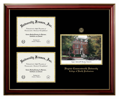 Virginia Commonwealth University College of Health Professions Triple Opening with Campus Image Frame in Classic Mahogany with Gold Trim with Black & Gold Mats for document: 8 1/2"h x 11"w  , document: 8 1/2"h x 11"w  