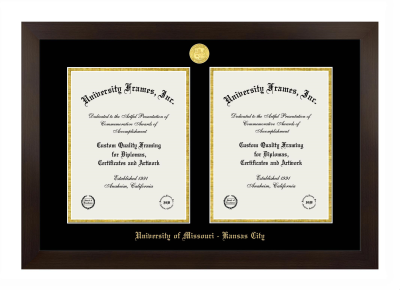 University of Missouri - Kansas City Double Degree (Side-by-Side) Frame in Manhattan Espresso with Black & Gold Mats for  11"h x 8 1/2"w  ,  11"h x 8 1/2"w  